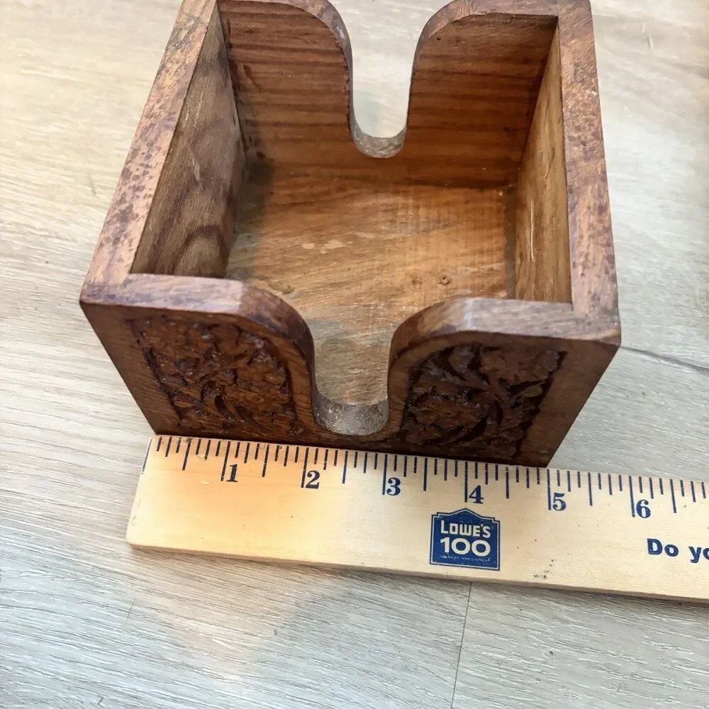 Vintage Hand Carved Wood Coaster Set Caddy Floral Leaf Indian Wooden Drink Mat